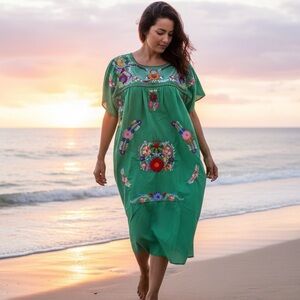 Mexican Puebla Maxi Dress XXL Women Black Cotton Floral Embroidered